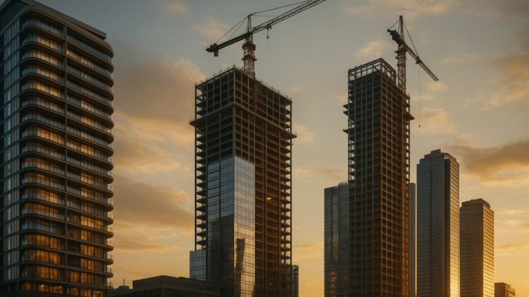 Torres en construcción con estructuras de acero y vidrio al atardecer representando la nueva arquitectura argentina