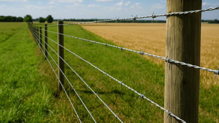 Primer plano de un alambrado de púas con postes de madera que separa dos parcelas rurales, una verde y otra cultivada