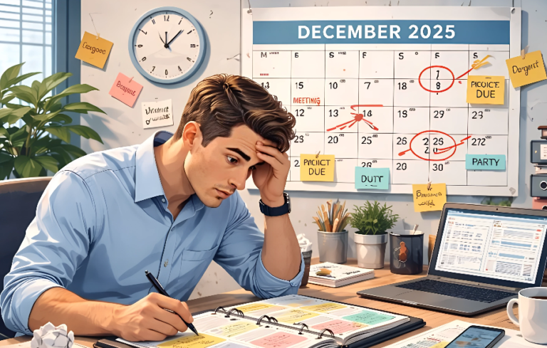 Profesional organizando tareas frente a un calendario de diciembre 2025 con múltiples compromisos y plazos, reflejando el estrés y la sobrecarga laboral de fin de año