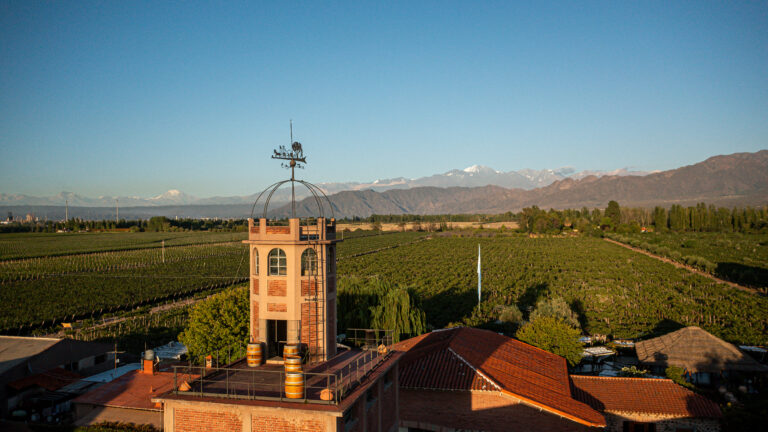 Vista panorámica de una bodega rodeada de viñedos con la cordillera de los Andes nevada al fondo, bajo un cielo despejado