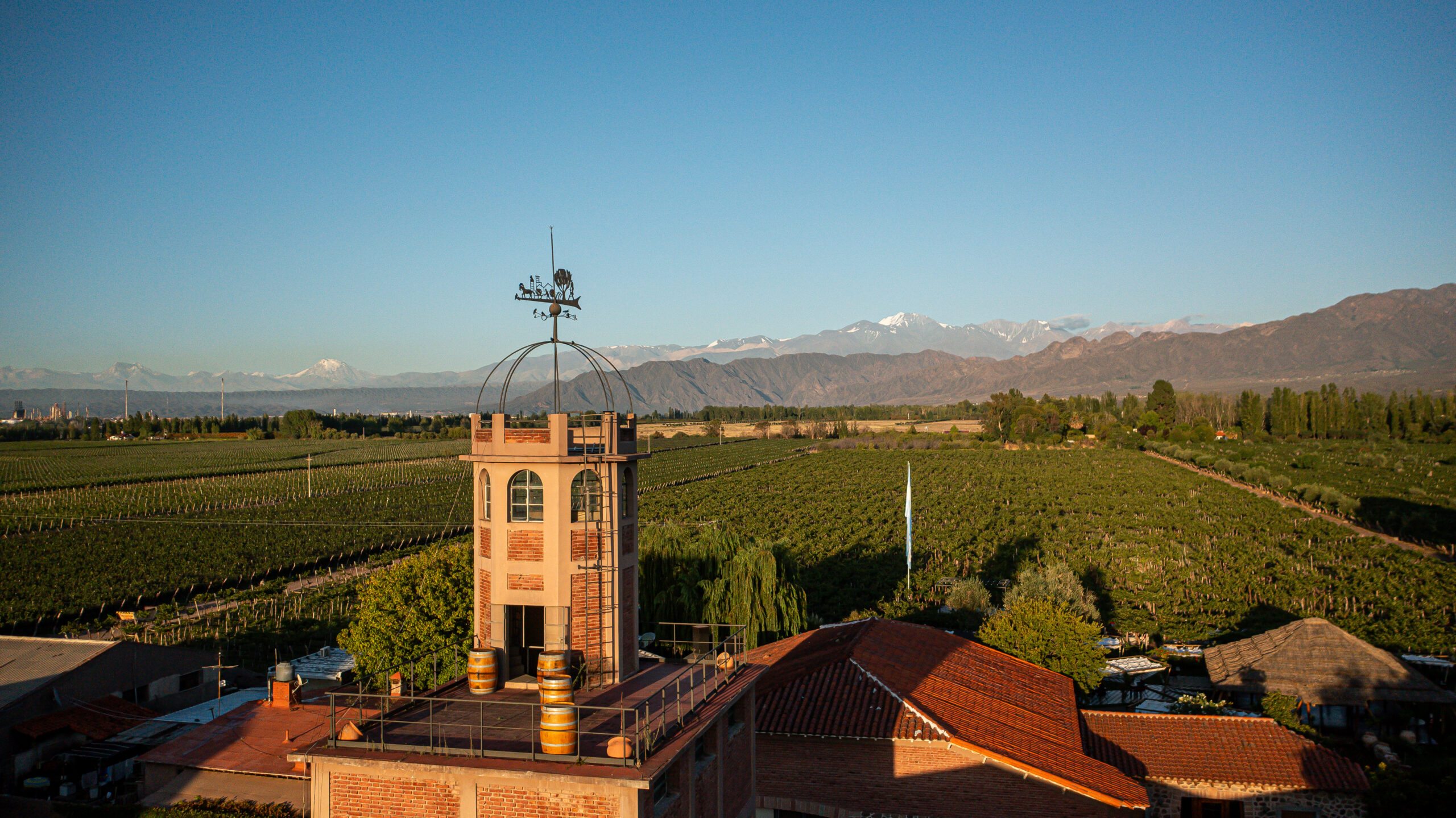 Vista panorámica de una bodega rodeada de viñedos con la cordillera de los Andes nevada al fondo, bajo un cielo despejado