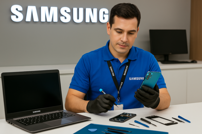 Técnico de Samsung trabajando en la reparación de un smartphone en un centro de servicio oficial, con herramientas y dispositivos sobre la mesa