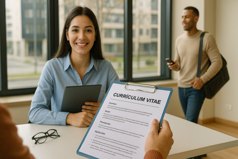 Escena de entrevista laboral en una oficina moderna de Argentina, con un currículum en español en primer plano y una postulante sonriente frente al entrevistador