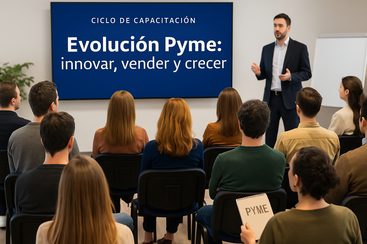 Seminario de capacitación con un grupo de emprendedores y dueños de pymes escuchando una presentación sobre “Evolución Pyme: innovar, vender y crecer”, parte del nuevo programa lanzado por CAME