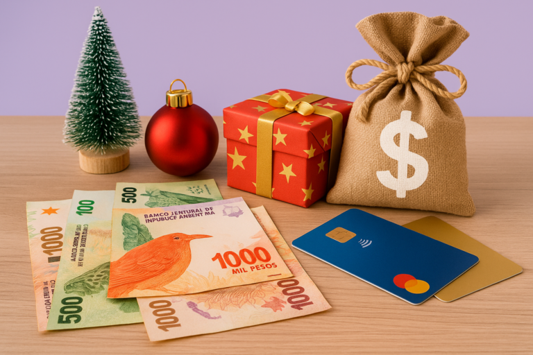 Billetes argentinos, tarjetas y regalos navideños sobre una mesa, representando las opciones de uso del aguinaldo en diciembre 2025 en Argentina