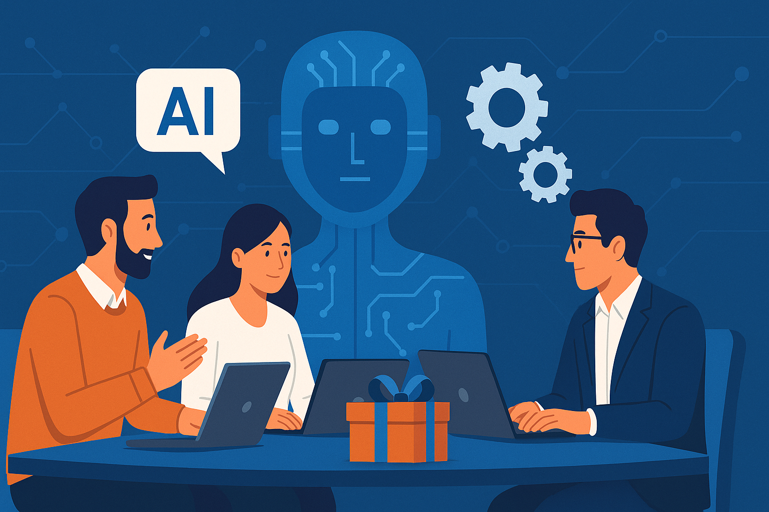 Ilustración de profesionales trabajando con computadoras junto a un agente de inteligencia artificial, representando la integración de IA para mejorar la productividad en empresas