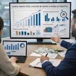 Profesionales analizando gráficos y datos salariales en una oficina, representando la evolución de los salarios en Argentina durante 2025