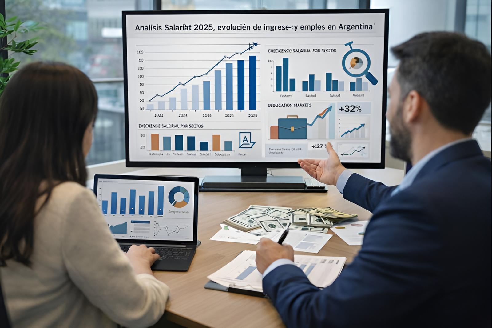 Profesionales analizando gráficos y datos salariales en una oficina, representando la evolución de los salarios en Argentina durante 2025