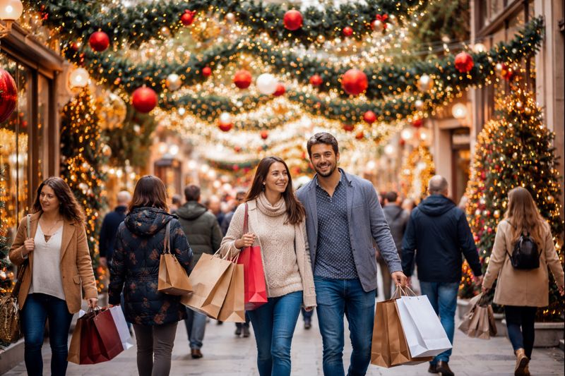 Personas realizan compras navideñas en una calle comercial decorada con luces y adornos durante la temporada de Navidad 2025 en Argentina