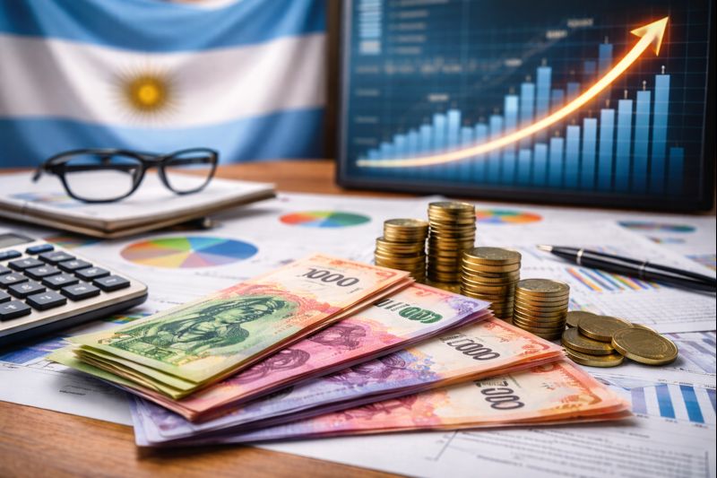 Billetes y monedas de pesos argentinos junto a gráficos de crecimiento que representan la relación entre salarios, productividad y distribución del ingreso en Argentina