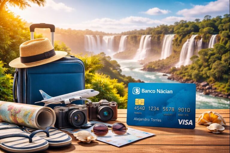 Valija y accesorios de viaje frente a las Cataratas del Iguazú, en una imagen que representa promociones y financiación para turismo en Argentina