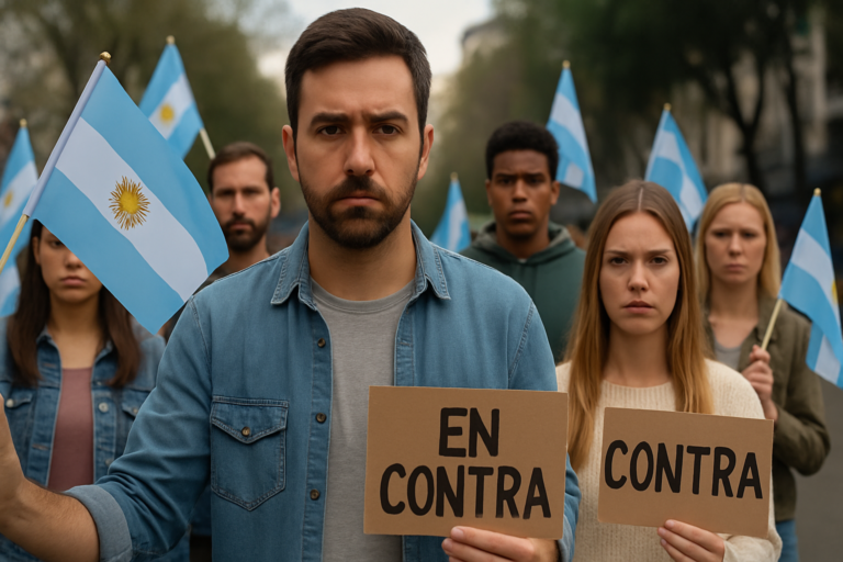 Grupo de personas marchando con banderas argentinas y carteles de protesta, expresando su desacuerdo en el espacio público