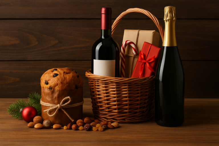 Canasta navideña con pan dulce, frutos secos, vino, espumante y regalos sobre una mesa de madera en un ambiente festivo