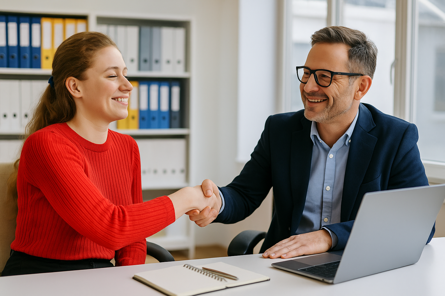 Jefe y empleada estrechando manos con una expresión cordial en una oficina luminosa, simbolizando reconocimiento y valoración laboral