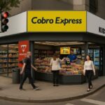 Kiosco de esquina con cartelería de Cobro Express, donde clientes realizan pagos y servicios en un entorno urbano