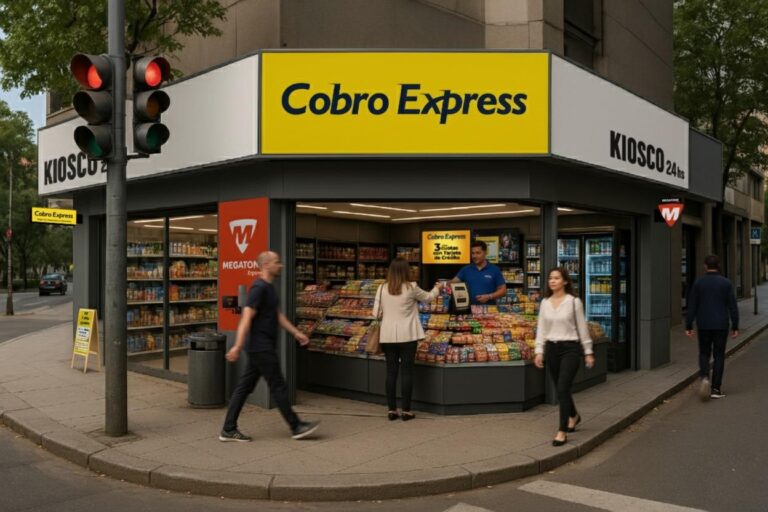 Kiosco de esquina con cartelería de Cobro Express, donde clientes realizan pagos y servicios en un entorno urbano