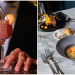 Cóctel de autor servido en barra y platos gourmet presentados en una mesa elegante, parte de la propuesta de Nochebuena íntima y festiva de Anasagasti en Palermo