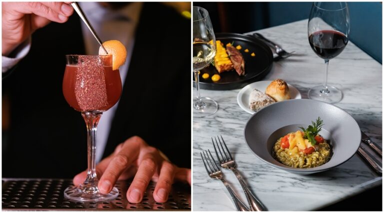 Cóctel de autor servido en barra y platos gourmet presentados en una mesa elegante, parte de la propuesta de Nochebuena íntima y festiva de Anasagasti en Palermo