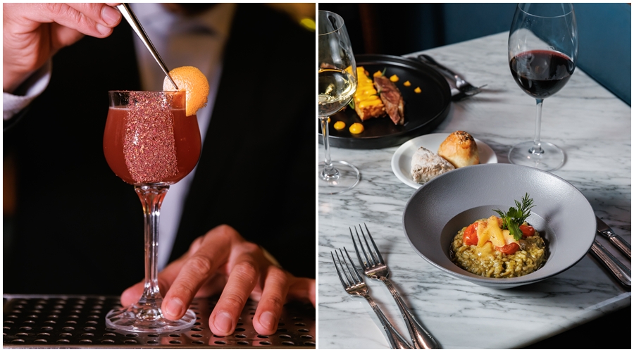 Cóctel de autor servido en barra y platos gourmet presentados en una mesa elegante, parte de la propuesta de Nochebuena íntima y festiva de Anasagasti en Palermo