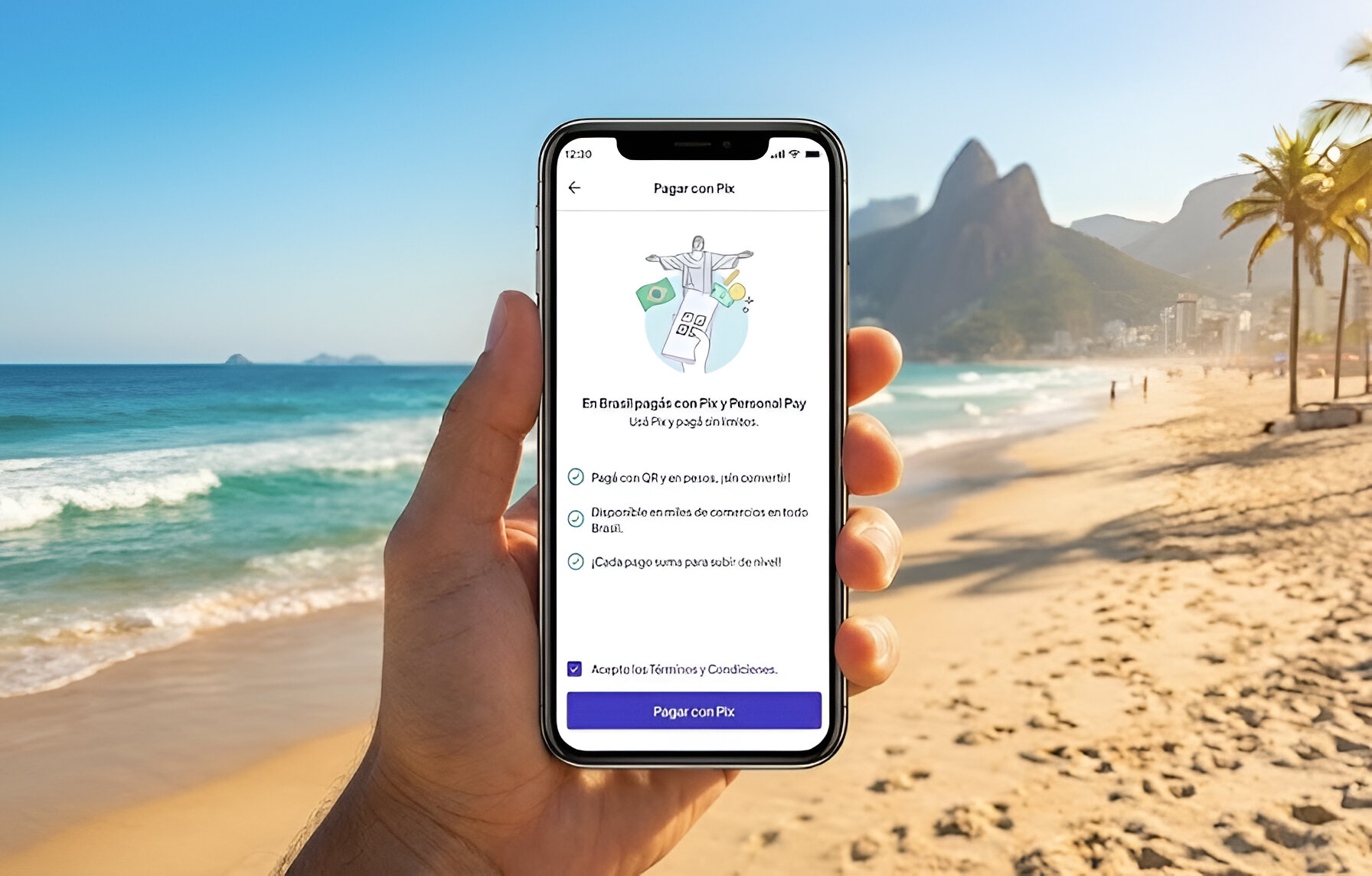 Usuario pagando con Pix a través de la app Personal Pay en una playa de Brasil