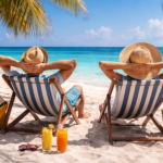 Pareja relajándose en la playa durante sus vacaciones, representando la desconexión del trabajo y la tecnología para lograr un descanso pleno