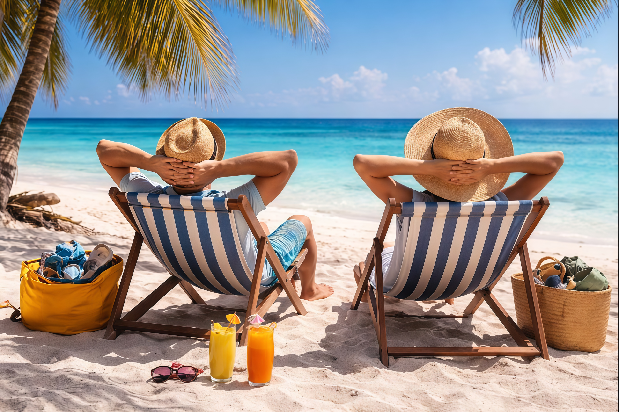 Pareja relajándose en la playa durante sus vacaciones, representando la desconexión del trabajo y la tecnología para lograr un descanso pleno