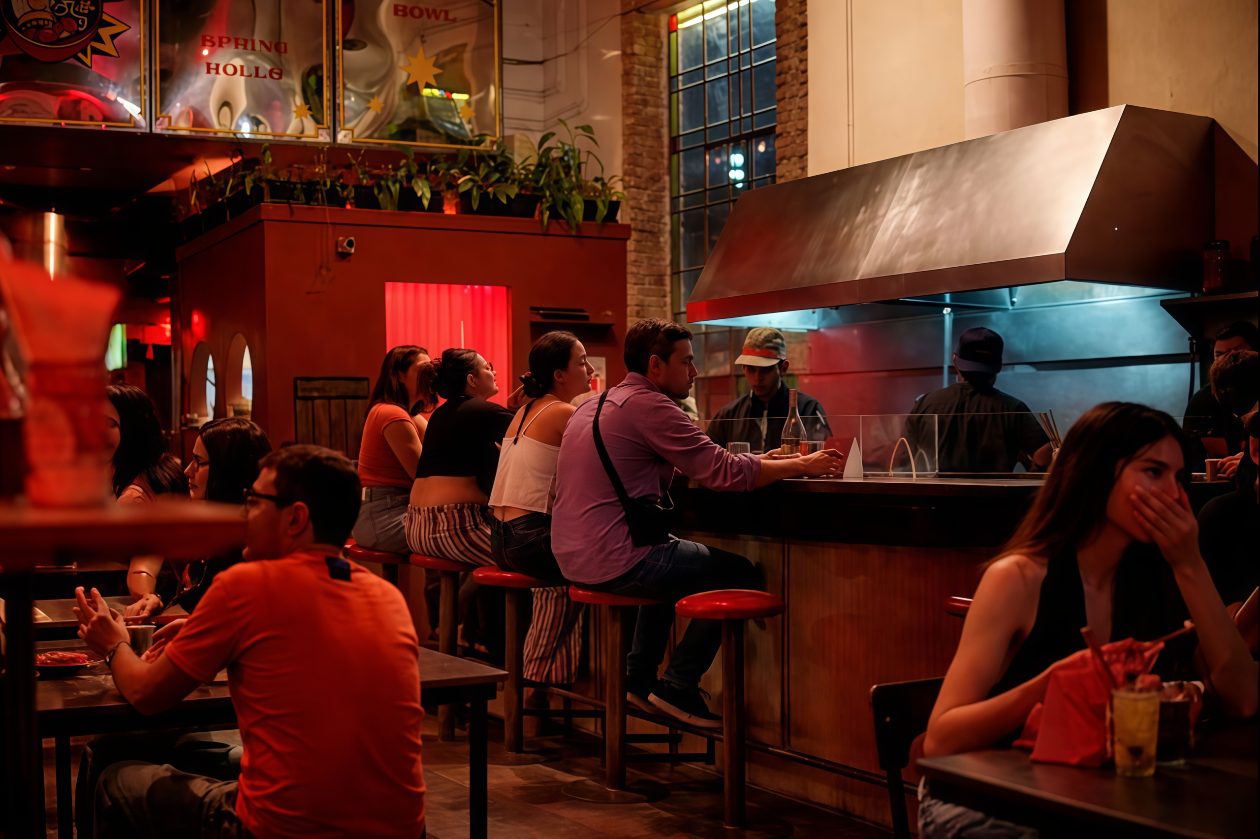 Interior de Saigón Noodle Bar con clientes disfrutando de la propuesta gastronómica en un ambiente nocturno, cálido y animado en Buenos Aires