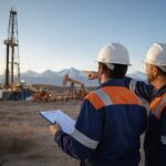 Profesionales de la industria de oil & gas analizan una operación petrolera en Argentina frente a una torre de perforación al atardecer