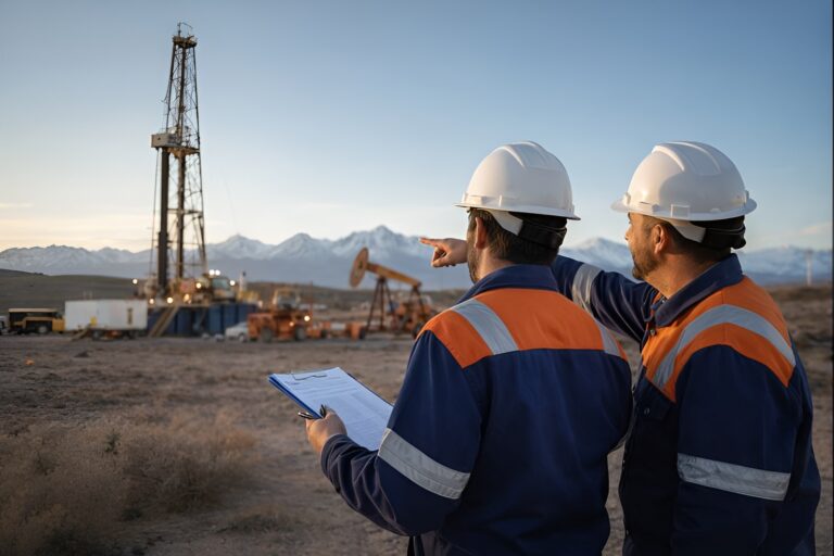 Profesionales de la industria de oil & gas analizan una operación petrolera en Argentina frente a una torre de perforación al atardecer