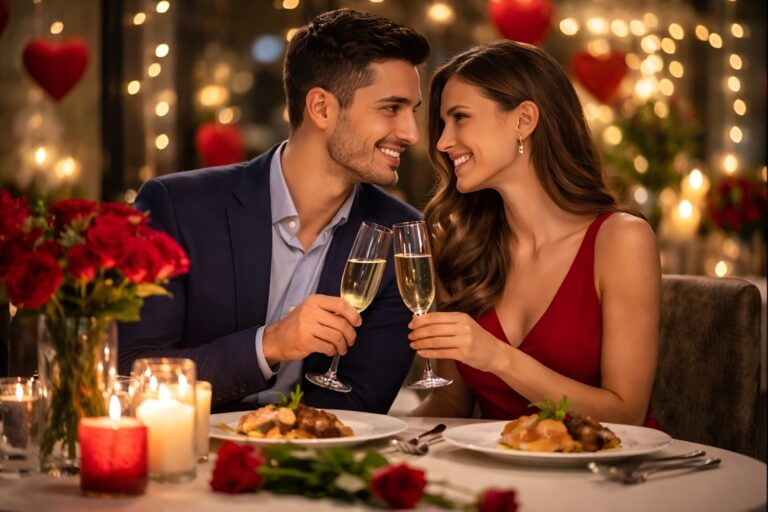 Pareja argentina brindando con champagne durante una cena romántica de San Valentín en un restaurante elegante, ambientado con velas y flores