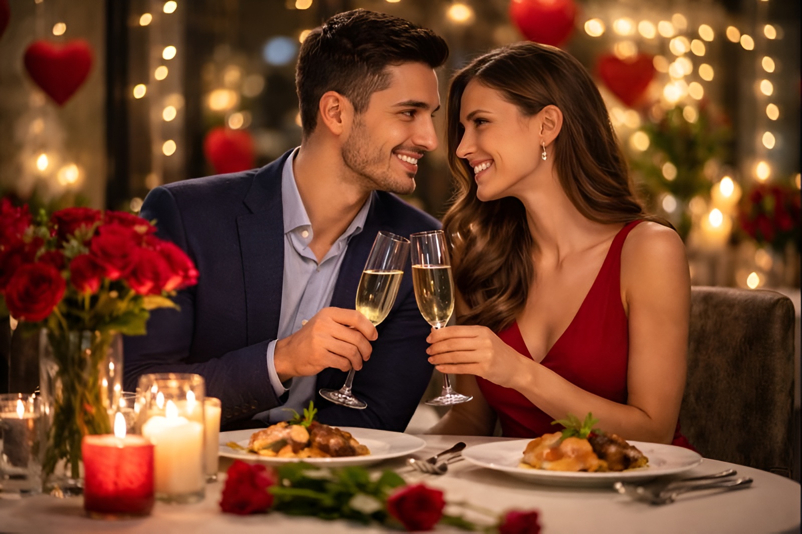 Pareja argentina brindando con champagne durante una cena romántica de San Valentín en un restaurante elegante, ambientado con velas y flores