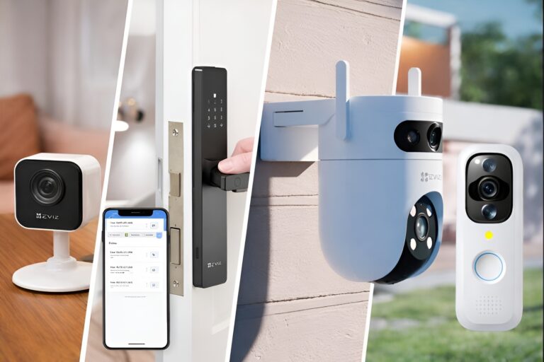 Imagen compuesta de dispositivos de seguridad inteligente para el hogar con cámaras de vigilancia, videoportero y cerradura digital, integrados en una vivienda argentina moderna