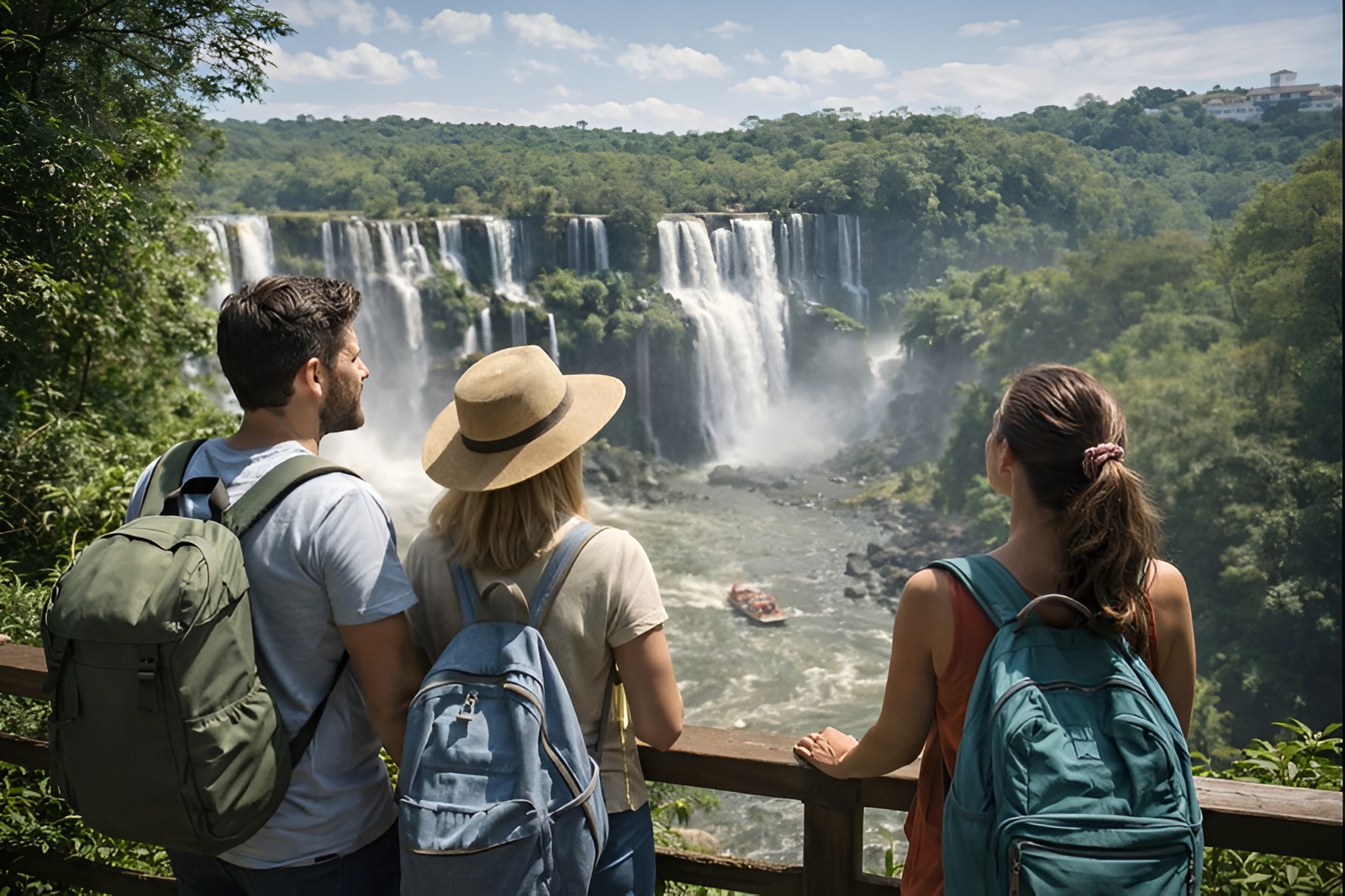 Turistas argentinos observan un paisaje natural con cascadas desde un mirador, representando el crecimiento del turismo nacional y decisiones de viaje más selectivas en la temporada 2026