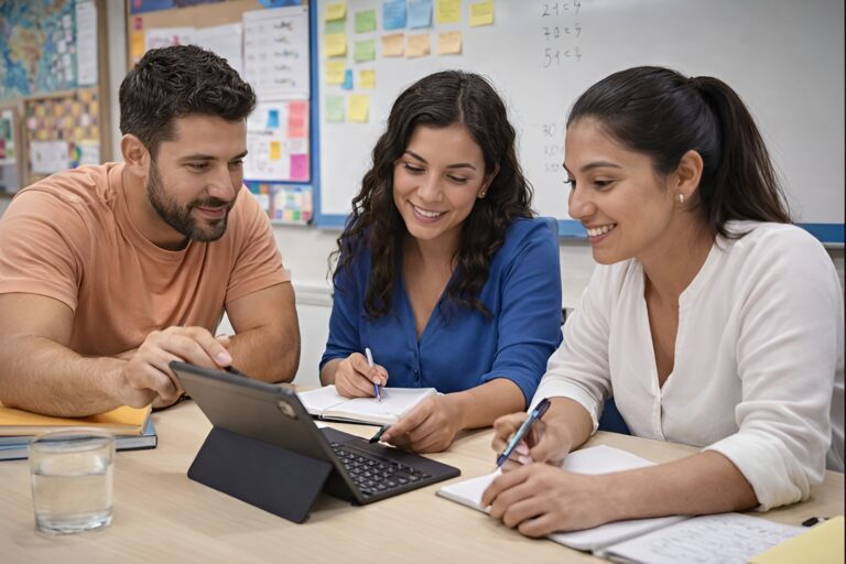 Tres docentes latinoamericanos trabajan en equipo con una tablet durante una capacitación educativa en aula, en el marco de un curso de aprendizaje basado en proyectos