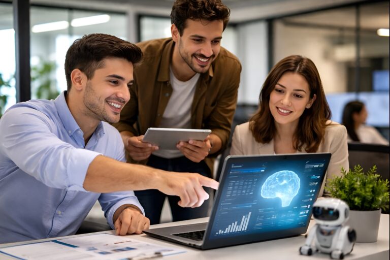 Grupo de trabajadores argentinos analizando una herramienta de inteligencia artificial en una oficina moderna, reflejando la confianza en el uso de IA en el trabajo