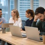 Profesionales trabajando en una oficina moderna que refleja el contraste entre el optimismo de los empleadores y las expectativas del talento en Argentina