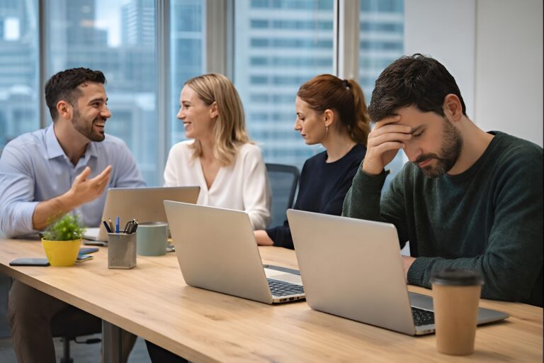Profesionales trabajando en una oficina moderna que refleja el contraste entre el optimismo de los empleadores y las expectativas del talento en Argentina