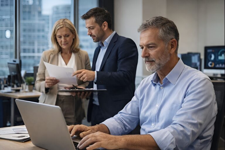 Trabajador senior utilizando una computadora junto a colegas más jóvenes en una oficina, reflejo del envejecimiento de la fuerza laboral en Argentina