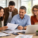 Equipo de profesionales analizando información y trabajando en una consultoría y diagnóstico empresarial para pymes en un entorno de oficina colaborativo