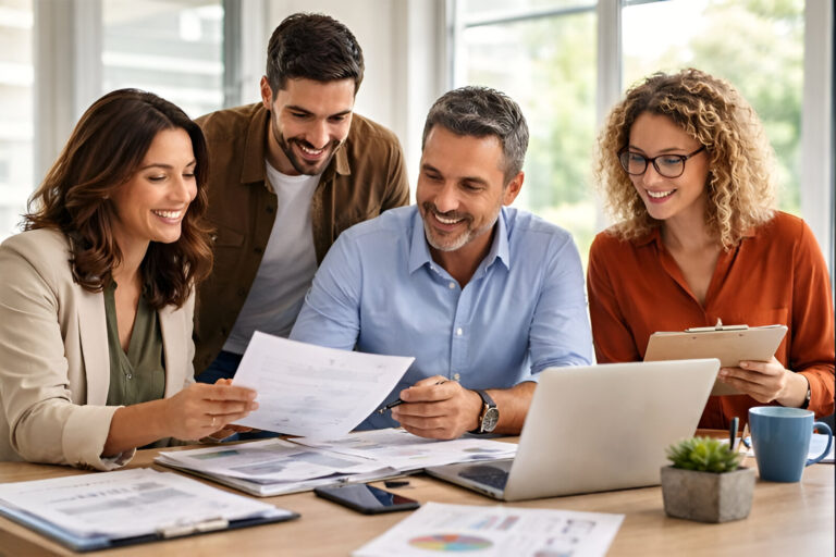 Equipo de profesionales analizando información y trabajando en una consultoría y diagnóstico empresarial para pymes en un entorno de oficina colaborativo