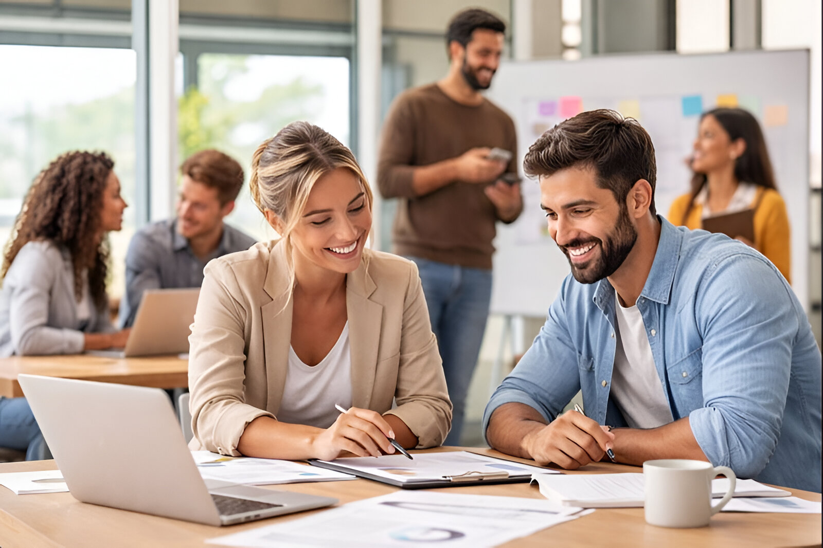 Personas trabajando en una oficina moderna con modalidad híbrida y uso de tecnología, reflejando las tendencias laborales de 2026 en Argentina