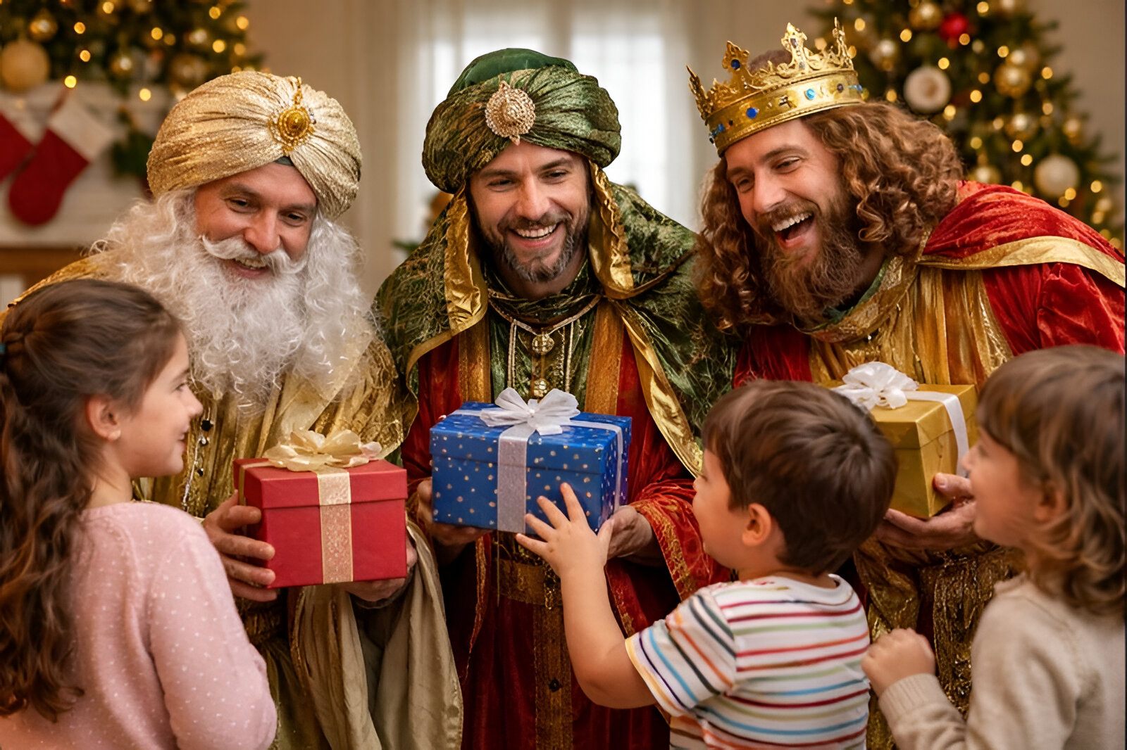 Familia celebrando Reyes Magos con niños recibiendo regalos en un hogar argentino, en el marco de las proyecciones de consumo 2026