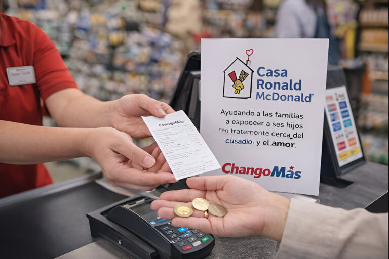 Cliente realizando el redondeo de vuelto en una caja de supermercado ChangoMâs para colaborar con Casa Ronald durante una compra en Argentina