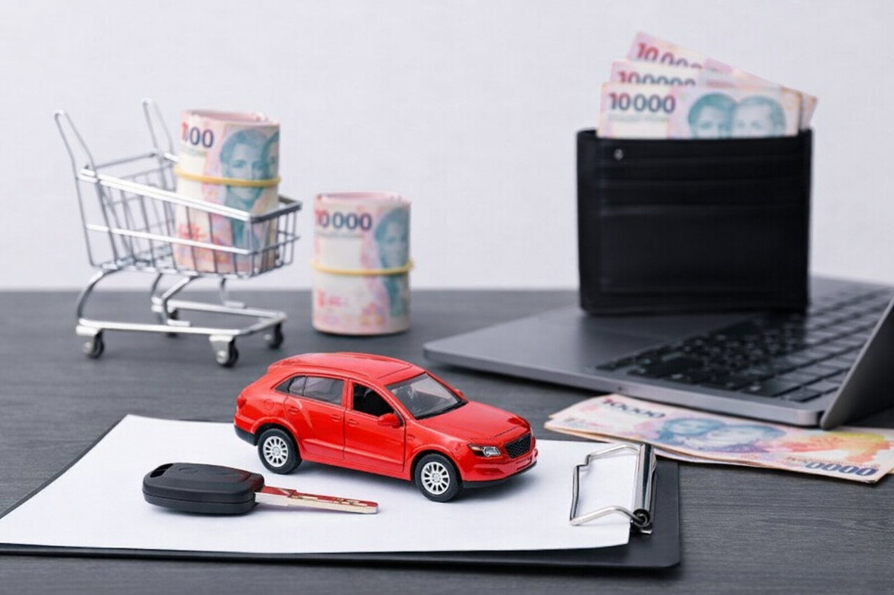 Imagen conceptual de la industria automotriz en Argentina con un auto en miniatura, llaves, billetes de pesos argentinos, una notebook y elementos de compra que representan costos y financiamiento