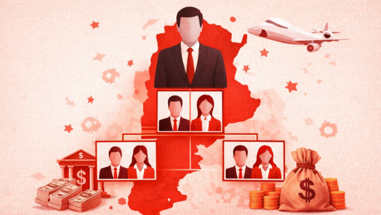 Ilustración de estructura jerárquica empresarial en Argentina con ejecutivos, símbolos financieros y referencia a salarios de alta gerencia por industria