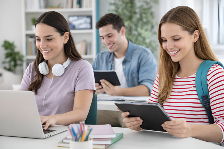 Estudiantes utilizando notebooks y tablets en un espacio de estudio moderno, en el marco de las propuestas de Maximstore para el regreso a clases en Argentina