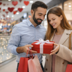 Pareja joven realizando compras y eligiendo un regalo en un comercio por el Día de los Enamorados en Argentina, en un contexto de gasto promedio proyectado de $42.700