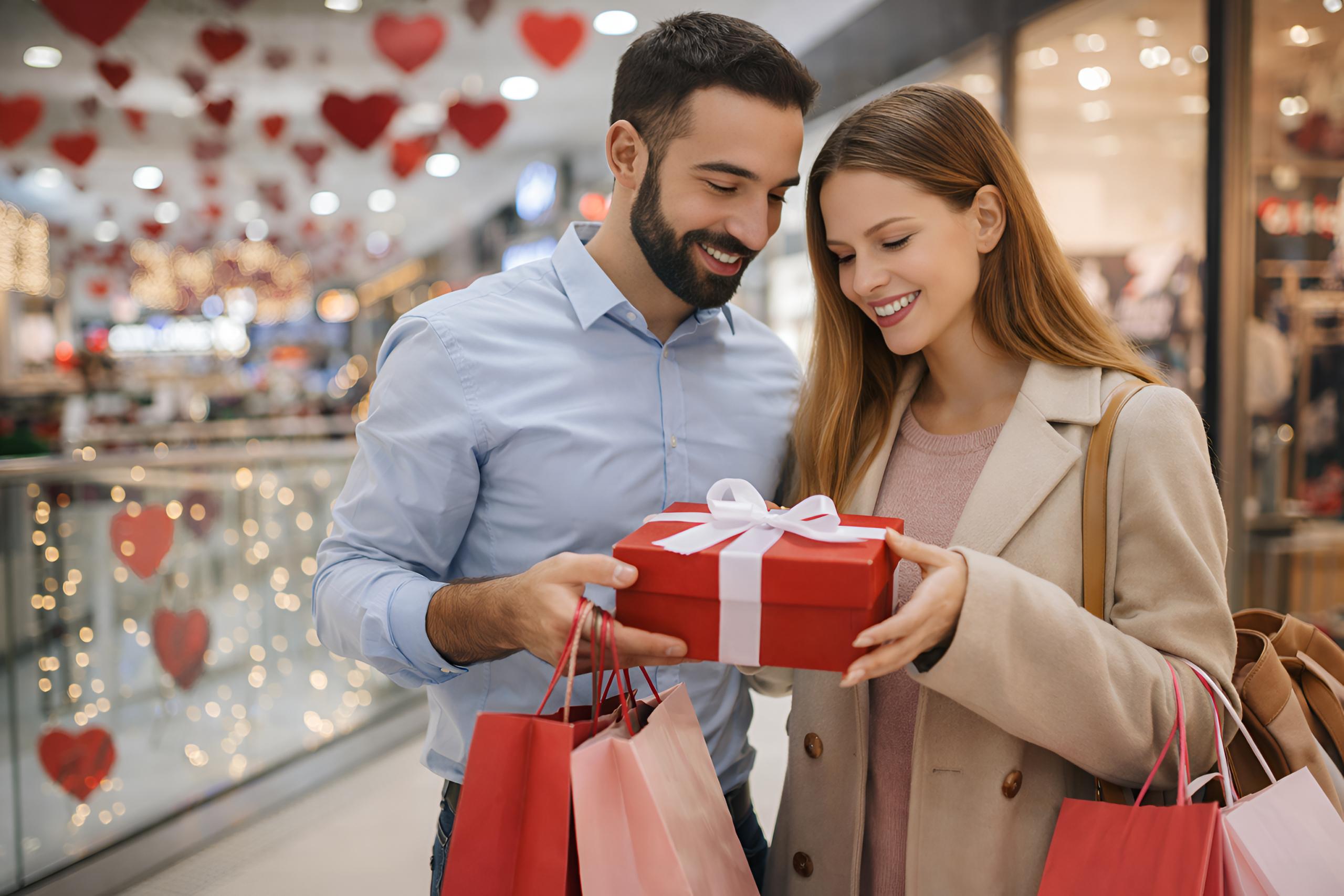 Pareja joven realizando compras y eligiendo un regalo en un comercio por el Día de los Enamorados en Argentina, en un contexto de gasto promedio proyectado de $42.700