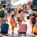 Familia argentina caminando con valijas en una terminal de ómnibus llena de gente durante el feriado de Carnaval, con micros y viajeros de fondo