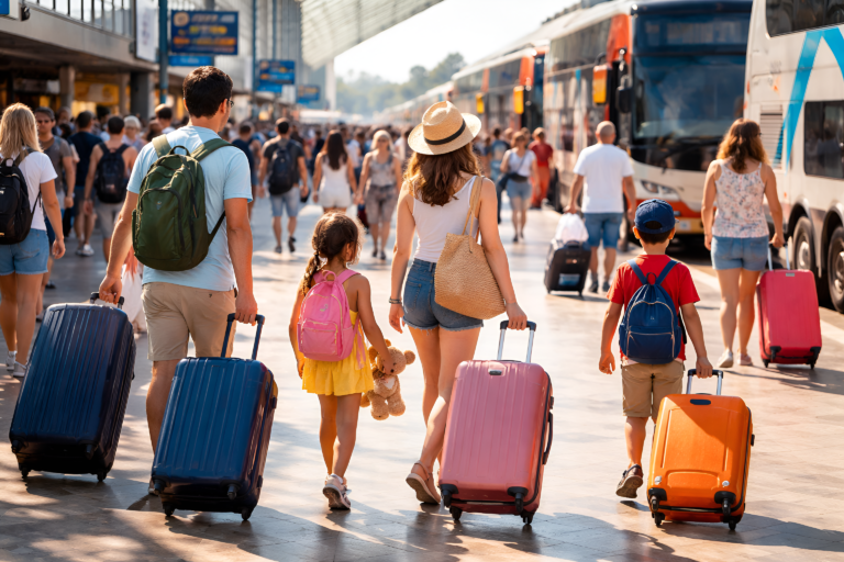 Familia argentina caminando con valijas en una terminal de ómnibus llena de gente durante el feriado de Carnaval, con micros y viajeros de fondo